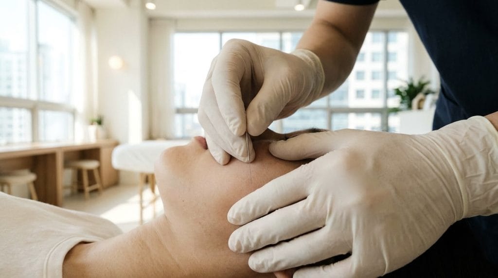 Hair-thin disposable acupuncture needle size comparison and facial cosmetic acupuncture session