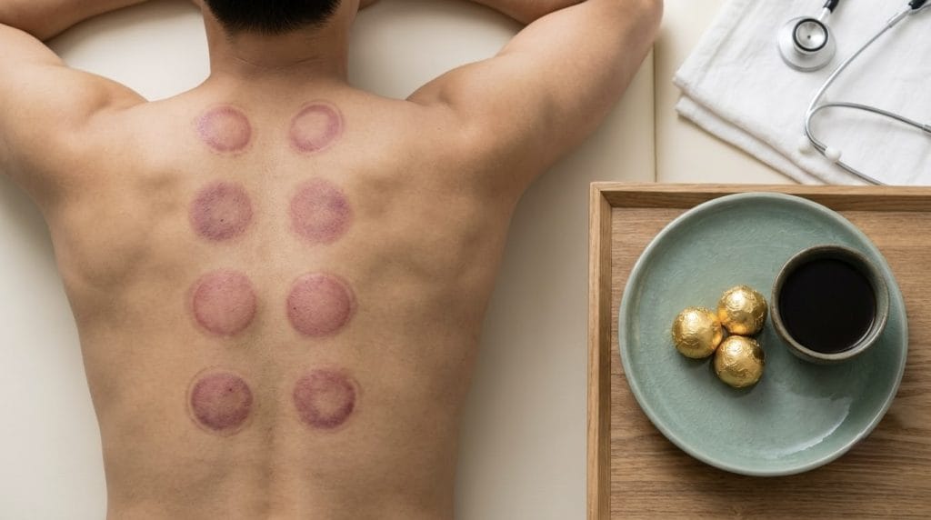 Cupping therapy marks on an athlete back and Korean herbal medicine Gongjindan for recovery