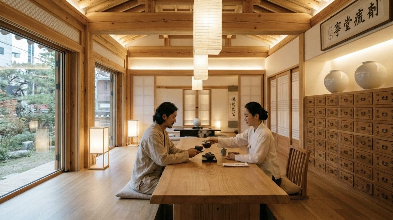 Modern Korean medicine clinic Haniwon in Seoul offering dry cupping and herbal tea for travelers
